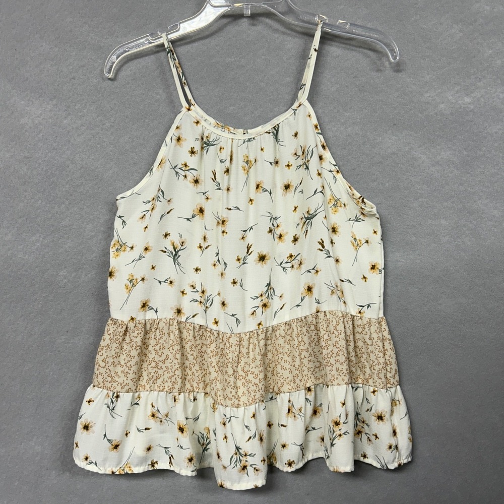 Paper Crane Women M Tank Top Cream Floral Tiered Boho Fairy Cottagecore